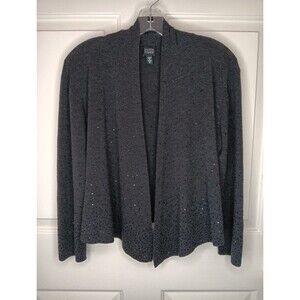 Eileen Fisher Cardigan Medium Black 100% Merino Wool Shaped Angled Hem Sequined